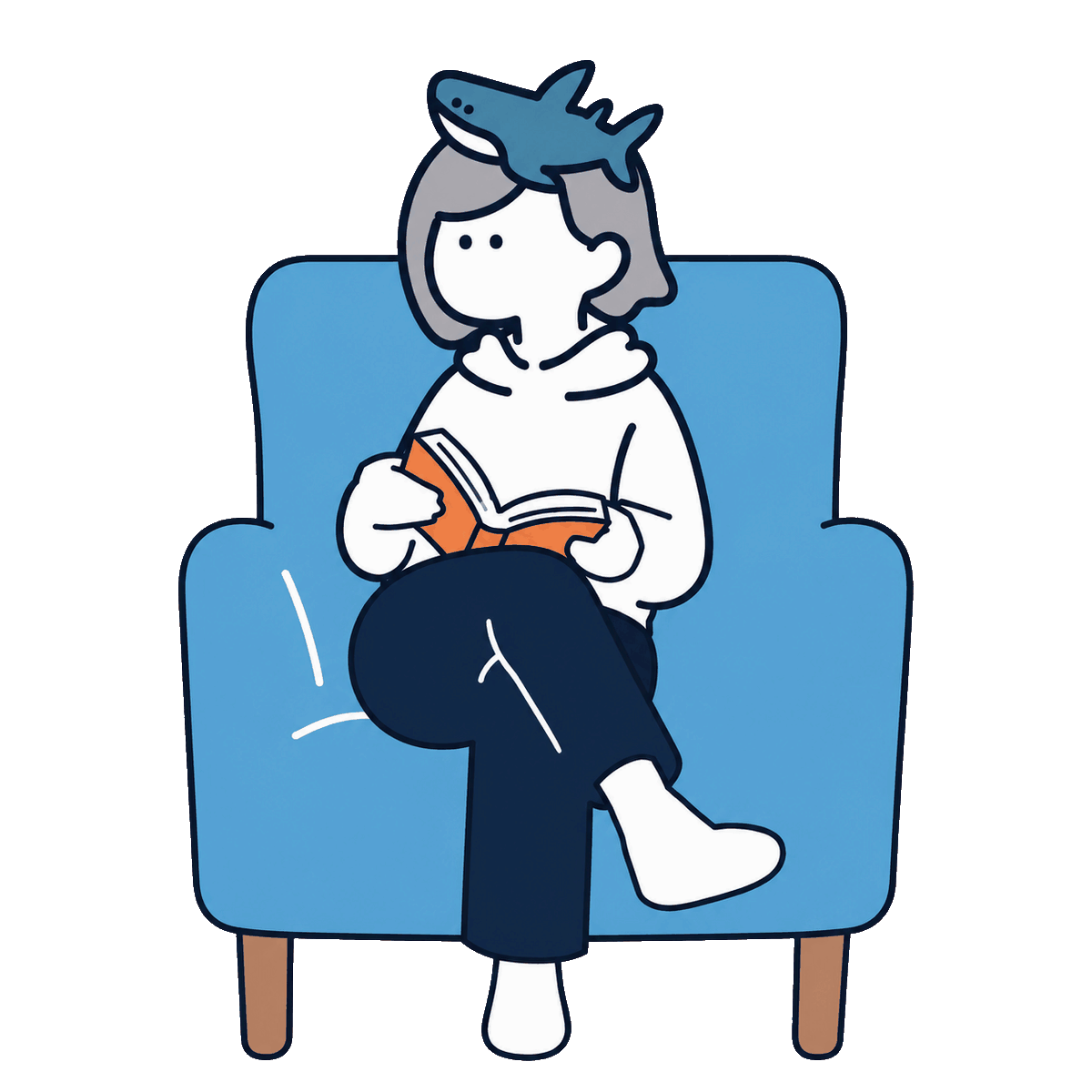 A character in a shark hat reading a book of data